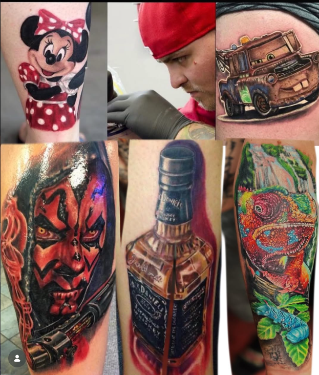 Colorful character collage tattoo
